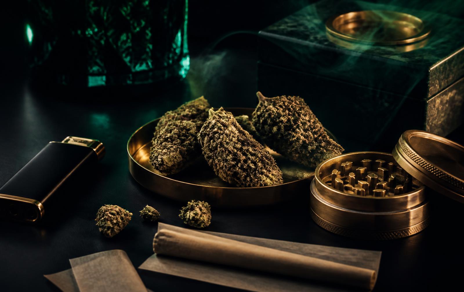 Fleurs de chanvre, grinder et feuilles à rouler sur fond sombre